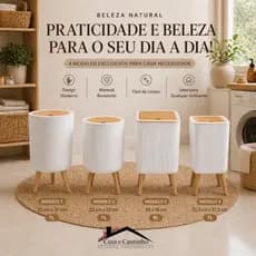 Lixeira De Plástico 9 Litros Branca Quadrada Pés De Bambu Tampa Click De Pressão Cozinha Banheiro