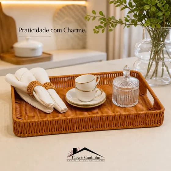 Bandeja de Servir Café da Manhã com Alça Vime Rattan Decorativa Mesa Cozinha Servir Luxo Organizador