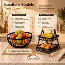 Fruteira de Mesa 2 Andares Ferro e Bambu para Café da Manhã Multiuso de Metal Preto Cesto Organizdor