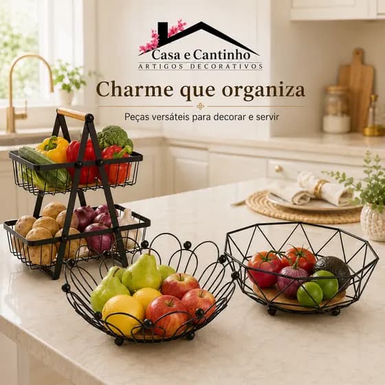 Fruteira de Mesa Ferro e Bambu Rústica Acrílico Cesta de Frutas Decorativa Cozinha Multiuso Moderna