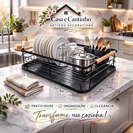 Escorredor Organizador de Louça Rack Preto com Bandeja Removível Porta Talheres Aço Inox + Bambu
