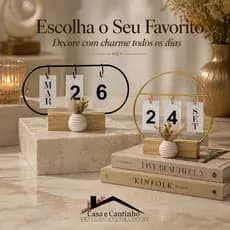Calendário de Mesa Decorativo com Plaquinhas Dupla Face Dourado/Preto Florido Permanente Escritório