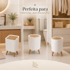 Lixeira De Plástico 9 Litros Branca Com Pés De Bambu Tampa Click De Pressão Cozinha Banheiro