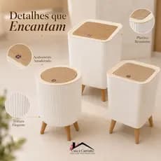 Lixeira De Plástico 9 Litros Branca Chanfrada Pés De Bambu Tampa Click De Pressão Cozinha Banheiro