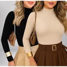 kit de Blusa Feminina Canelada Manga Longa Gola Alta Moda Inverno