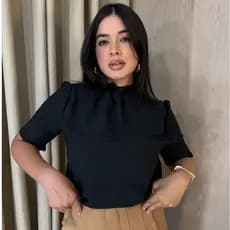 Blusa  MANGA CURTA princesa elegante bufante estilosa camisa gola alta no crepe duna moda feminina blogueira (M CURTA)