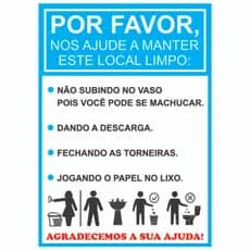Placa Adesiva para Banheiro Mantenha o banheiro limpo tam.20x15 cm com Fita Dupla Face Verde ou Azul