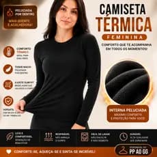 Camiseta Peluciada Térmica Feminina Gola Redonda Segunda Pele Blusa Básica Forro Frio Inverno Preta