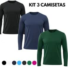 Kit 3 Camisetas Segunda Pele Masculina com Proteção Uv Manga Longa Corrida Ciclismo Academia Fitnes