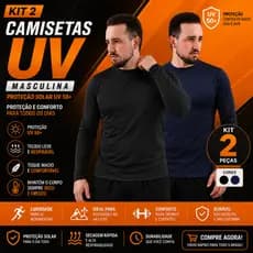 Kit 2 Camisetas Segunda Pele Masculina Proteção Uv 50+ Manga Longa Blusa Lisa Corrida Academia