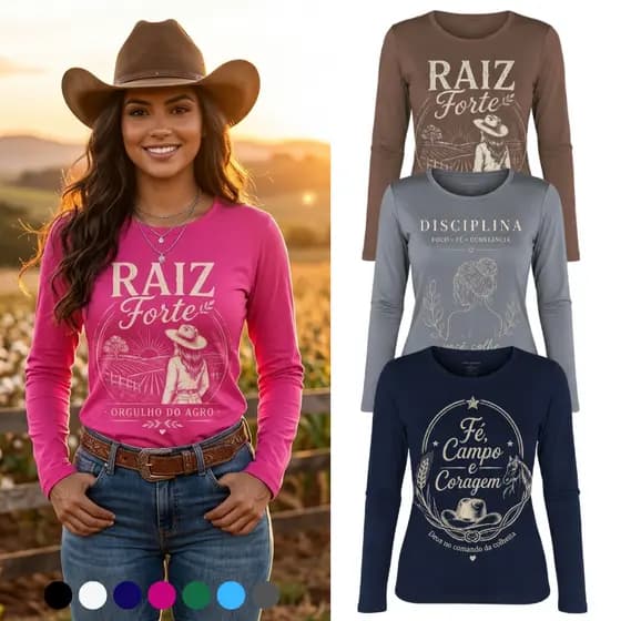 Camiseta Manga Longa Feminina Estampas Contry Blusa Segunda Pele Proteção UV Eventos Frio Inverno