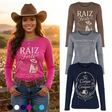 Camiseta Manga Longa Feminina Estampas Contry Blusa Segunda Pele Proteção UV Eventos Frio Inverno
