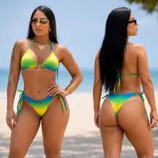 Conjunto Biquíni Feminino Brasil Cortininha Tricolor Bojo Removível Calcinha Laço Praia