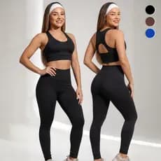 Conjunto Fitness Feminino Top Nadador Calça Legging Cintura Alta Suplex Blackout Academia Treino