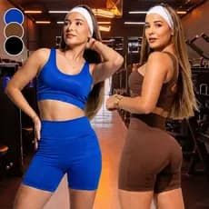 Conjunto Fitness Feminino Top Decote U Short Cós Alto Com Bolso Academia Treino