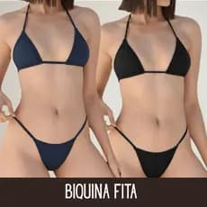 Conjunto Biquíni Fita Cortininha Feminino Semi Fio Dental Poliamida Praia Verão Bronze