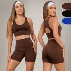 Conjunto Fitness Feminino Top Nadador e Short Cós Alto com Bolso Suplex Blackout Academia