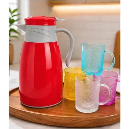 ☕ Conjunto Garrafa Térmica 1 LT  + 4 Canecas de Vidro 190 ml – Vermelha | Elegante e Prático