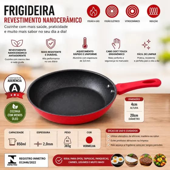 🍳Frigideira Revestimento Nanocerâmico 20cm – Vermelha🍳