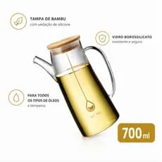 Galheteiro De Vidro Curvo 700ml Com Bico Para Azeite Vinagre Tampa De Bambu
