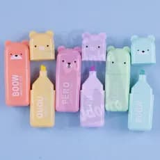 Mini Marca Texto Ursinho + Porco Kawaii Boow Bichinhos | Marca Texto Cores Variadas | Marca Texto Fofo - Kit 6 cores