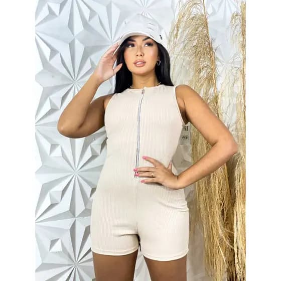 Macacão macaquinho com ziper regata canelado estilo casual moda blogueira
