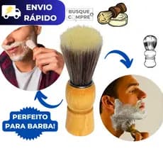 Pincel de Barbear com Cabo de Madeira para Barba Barbeiro Barbearia com Fibras Sintéticas Macias