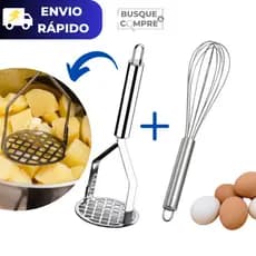 Amassador de Batata Inox + Fue Inox Batedor de Ovos Inox para Cozinha Kit de Qualidade