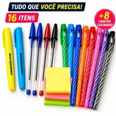 Kit Completo de Estudo 16 Itens Canetas Espiral Coloridas Ponta Fina + Marca Texto + Post-it  Estudo, Concurso, Escritór