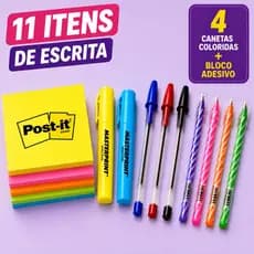 Kit Papelaria 11 Itens Bloco Adesivo + Canetas Espiral Coloridas + Marca Texto Canetas Esferográfica Escolar Escritório