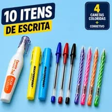 Kit Papelaria 10 Itens Corretivo + Canetas Coloridas + Marca Texto  Escolar Escritório Estudos