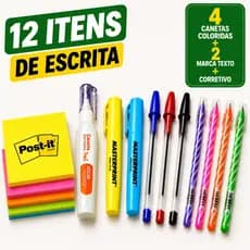 Kit Completo de Estudo 12 Itens  Corretivo + Canetas Espiral Coloridas Ponta Fina + Marca Texto  + Post-it Bloco Adesivo