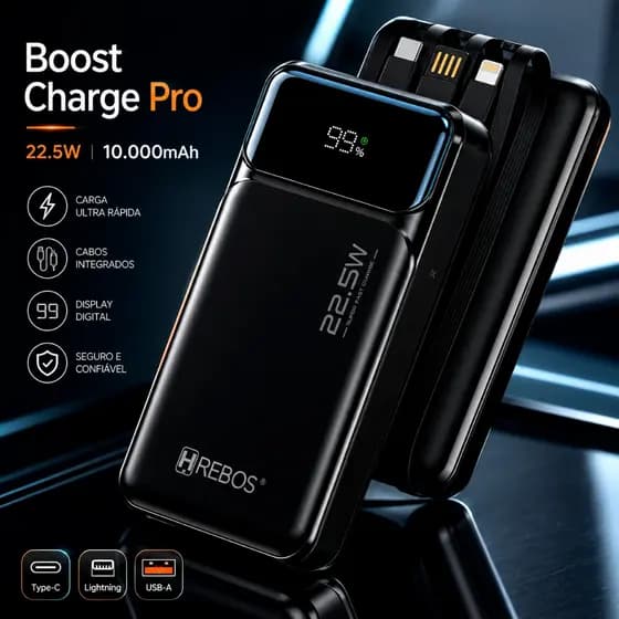 Power Bank seguro 10000mAh Carregamento Rápido 22W Cabo Type-C Lightning Embutido USB-A certificação Anatel