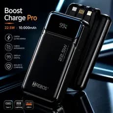 Power Bank seguro 10000mAh Carregamento Rápido 22W Cabo Type-C Lightning Embutido USB-A certificação Anatel