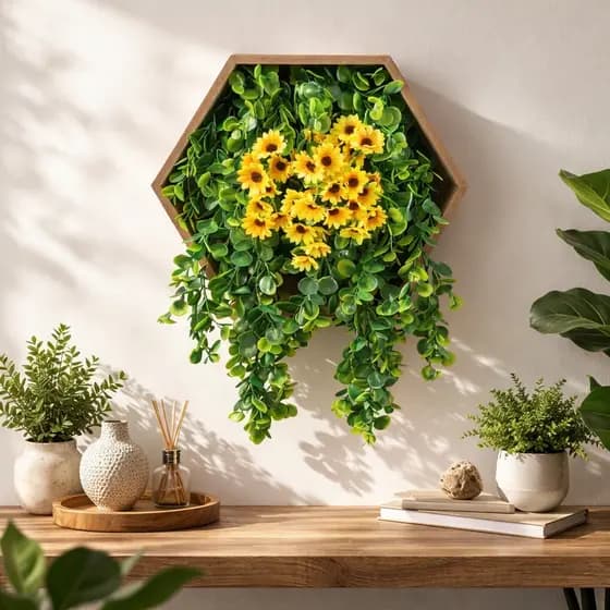 Nicho Hexagonal de Madeira com Plantas Artificiais e Flores , Girasol– Jardim Vertical Decorativo Pronto para Instalar