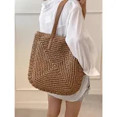 Bolsa tote palha de praia quadrado trançado xadrez quadriculado bolsa de ombro alça de couro