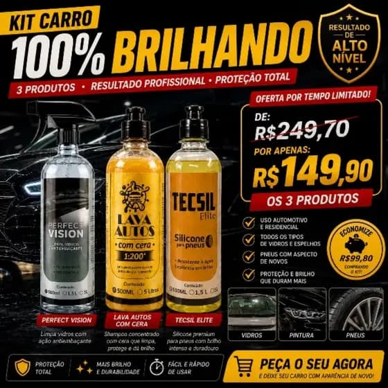 Limpeza Automotiva Kit 3 em 1 Lava Autos Cera Pretinho Limpa Vidros Carro Limpo Brilhando