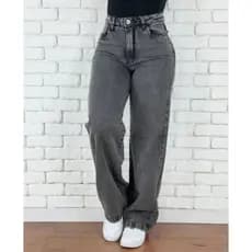 Calça Wide Leg Cintura Alta Jeans Feminina Pantalona Cós Alto Larga Grafit Marmorizada Sem Lycra