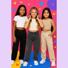 Calça Cargo  Juvenil Infantil Jeans feminina Grafite Super tendencia Larga Bolso Na Lateral Alta