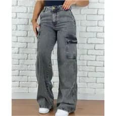 Calça Wide Cargo Jeans Feminina Cintura Alta Linha Bolso Lateral Premium Sem lycra