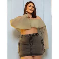 Saia Cargo Plus Size Curta Feminina com Lycra Bolso na Lateral Estilosa Cintura Alta Grande larga
