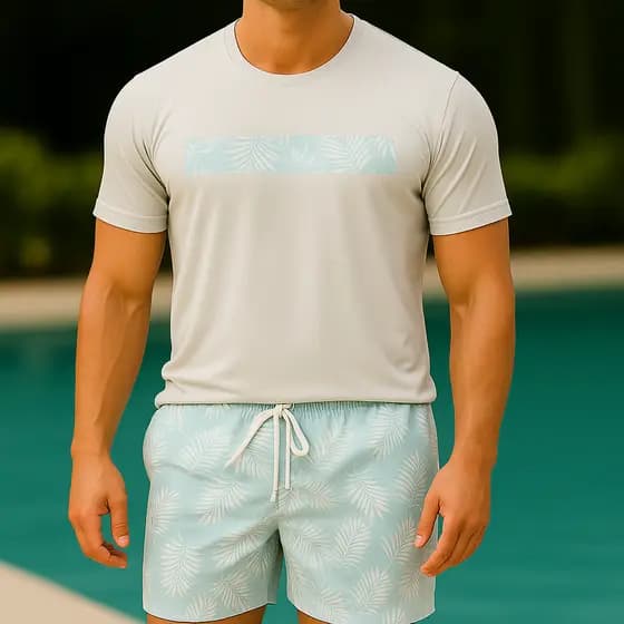 Kit Camiseta 100% Algodão e Short Tactel Masculino Floral Moda Praia