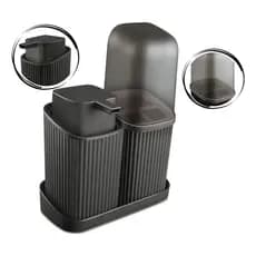 Kit Banheiro Lavabo organizador Moderno Porta Sabonete Líquido 400ml e Porta Escovas de Dente com Bandeja preto / branco