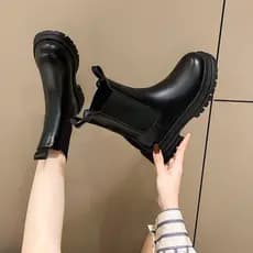 Botas de couro femininas de sola grossa para outono e inverno, botas Chelsea, botas longas estilo cavaleiro, botas curta