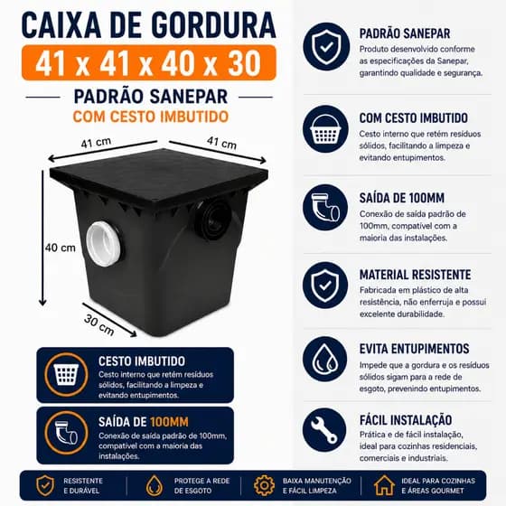 CAIXA DE GORDURA 18 LITROS PADRAO ESGOTO 100MM 40X40X40