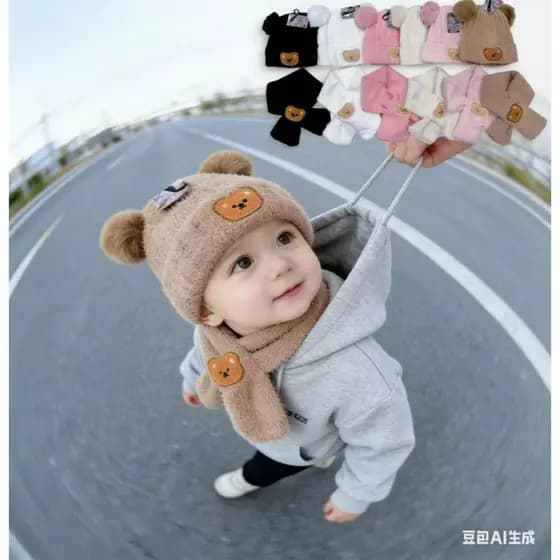 Gorros e cachecóis de lã coral com estampa de urso unissex 0-6anos para uso no outono e inverno.