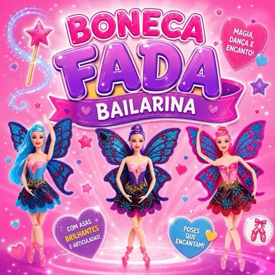 Kit com 1/2/3 Bonecas Bailarina Com Asas Brilhante Articulada  Acompanha Pente de Flor  . Frete Grátis Envio Imediato.