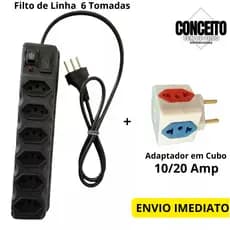 Extensão Elétrica  6 Tomadas Filtro De Linha 10Amp + 1 Adaptador Cubo T 10/20Amp