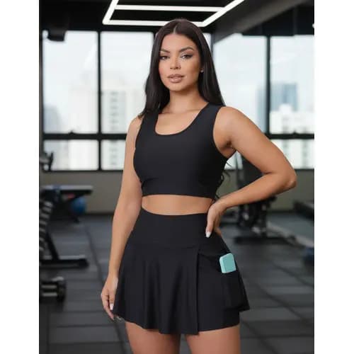 Short Saia Kit Top Bolso Feminino Suplex Fitness Conjunto