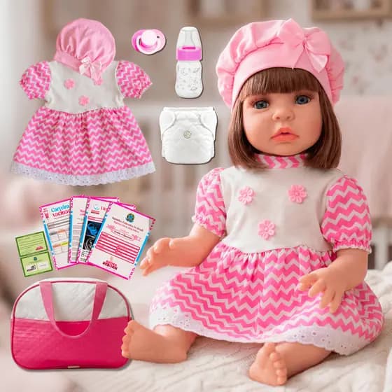 Boneca Bebê Reborn Vestido Listra Rosa Realista em Silicone Menina Original Bolsa Maternidade